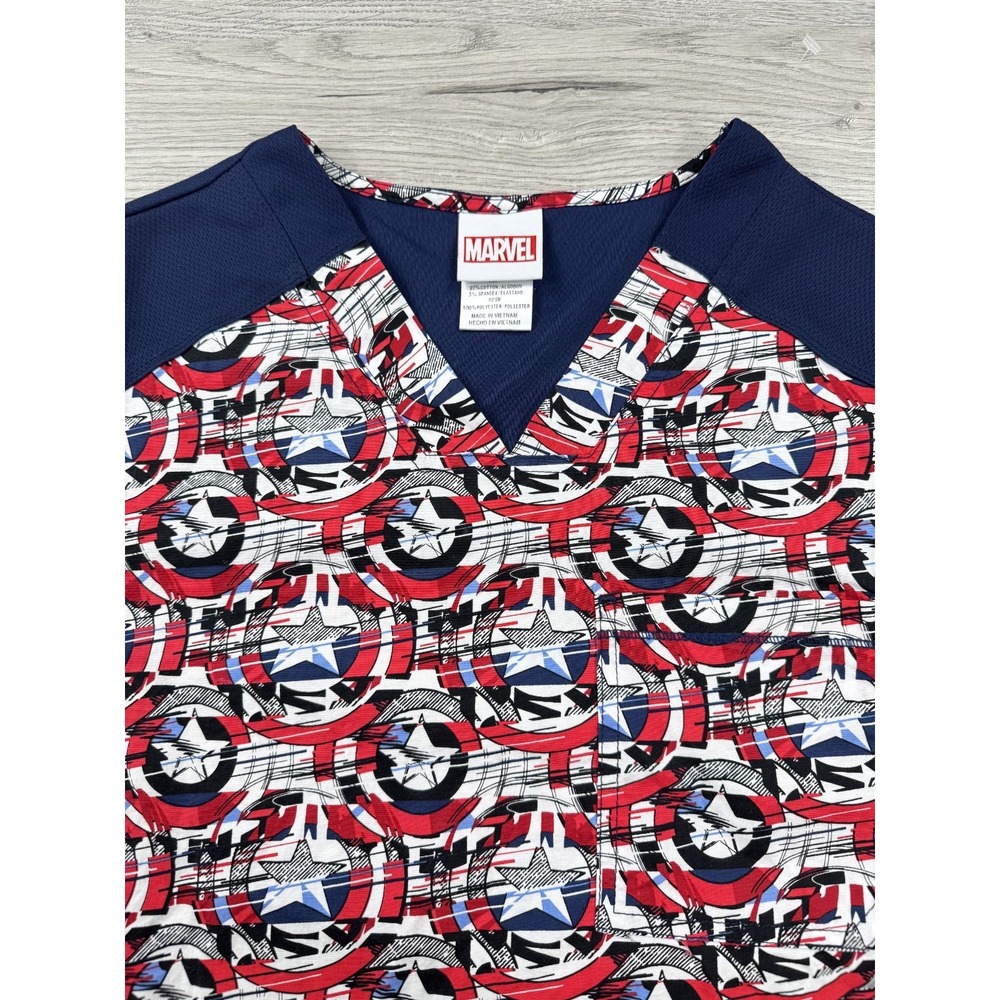 Captain America Scrub Top Womens M Blue Marvel V Neck All Over Print Shield